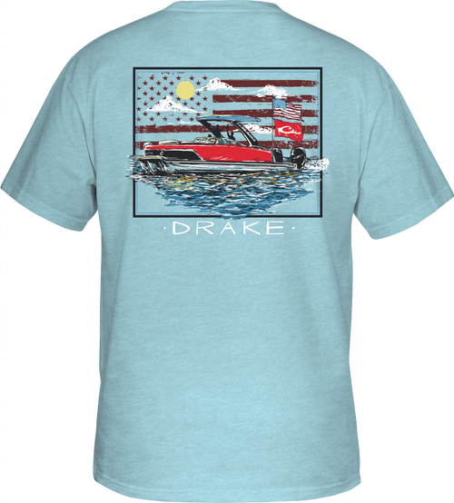 Pontoon Flag T-Shirt featuring a boat and American flag graphic on the back, crafted from a soft cotton-polyester blend with a Drake logo on the front pocket.