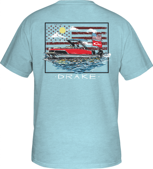 Pontoon Flag T-Shirt featuring a boat and American flag graphic on the back, crafted from a soft cotton-polyester blend with a Drake logo on the front pocket.