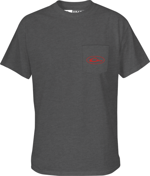 Pontoon Flag T-Shirt features a red circle with a hand-drawn elephant on a grey backdrop, Drake logo on front pocket.