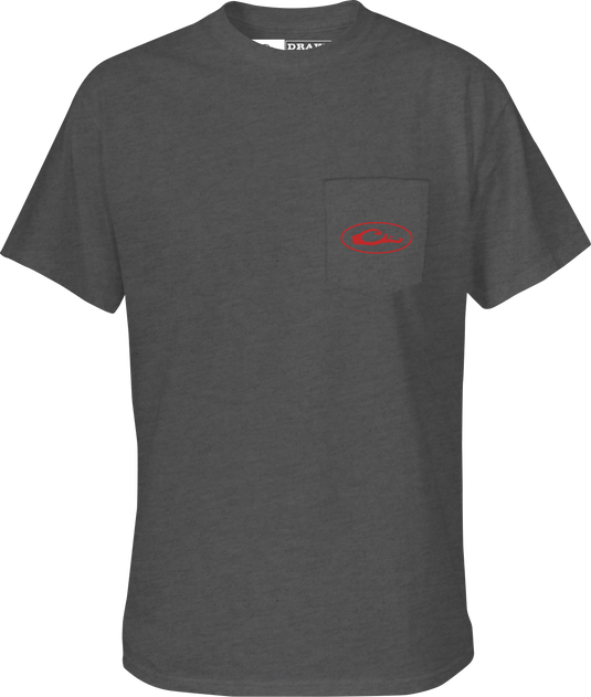 Pontoon Flag T-Shirt features a red circle with a hand-drawn elephant on a grey backdrop, Drake logo on front pocket.