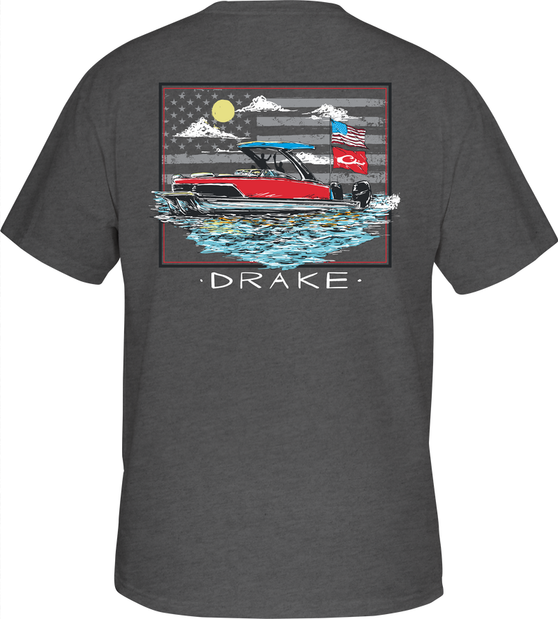 Pontoon Flag T-Shirt featuring a Pontoon and American flag graphic, with a Drake logo on the front pocket, crafted for comfort.