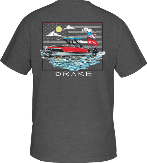 Pontoon Flag T-Shirt featuring a Pontoon and American flag graphic, with a Drake logo on the front pocket, crafted for comfort.