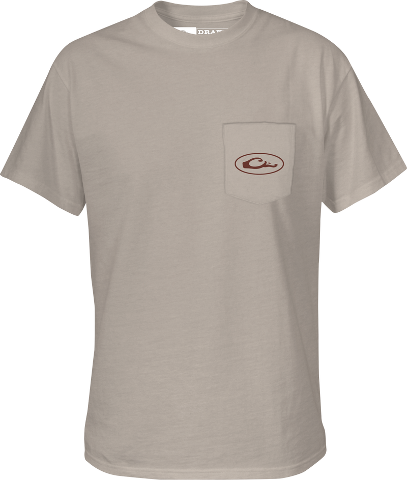 Kayak Flag T-Shirt with Drake logo on front pocket, featuring a pontoon and American Flag design from the Americana Drake Series.