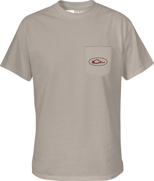 Kayak Flag T-Shirt with Drake logo on front pocket, featuring a pontoon and American Flag design from the Americana Drake Series.