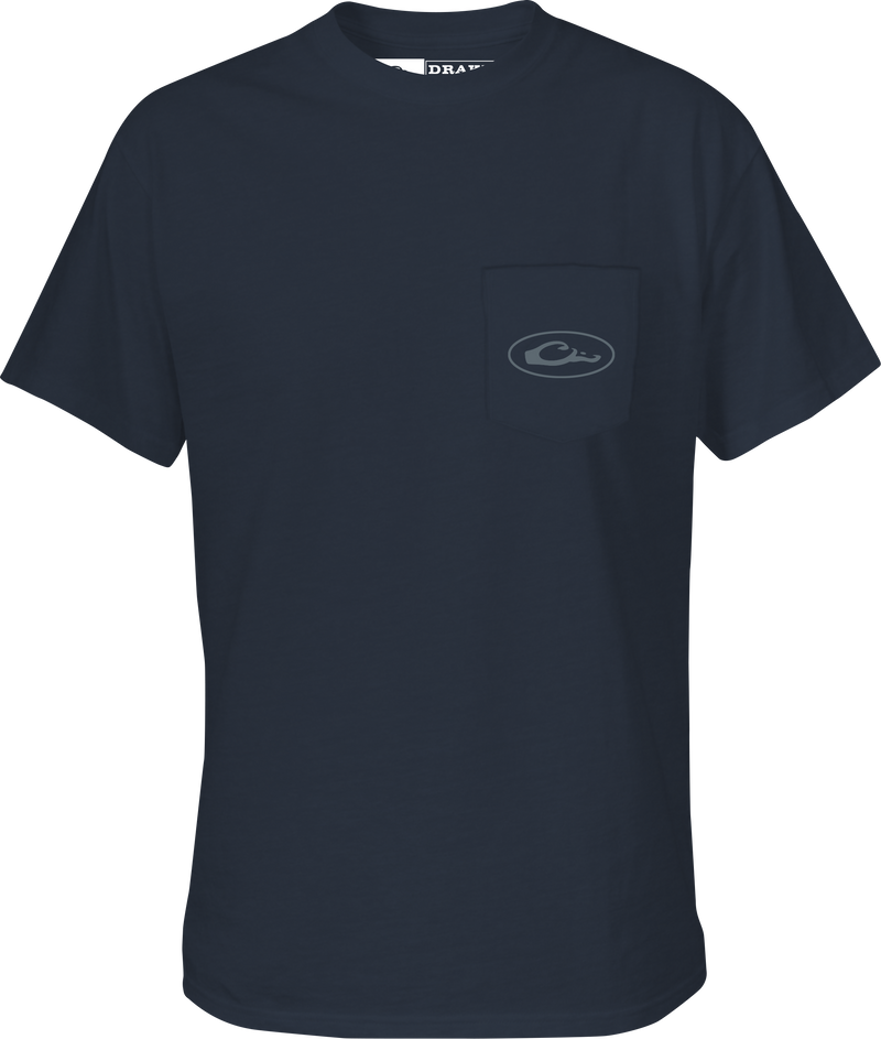 Kayak Flag T-Shirt featuring a Drake logo on the front pocket and an American Flag graphic, crafted from a soft 60% cotton, 40% polyester blend.