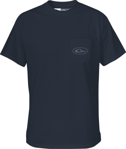 Kayak Flag T-Shirt featuring a Drake logo on the front pocket and an American Flag graphic, crafted from a soft 60% cotton, 40% polyester blend.