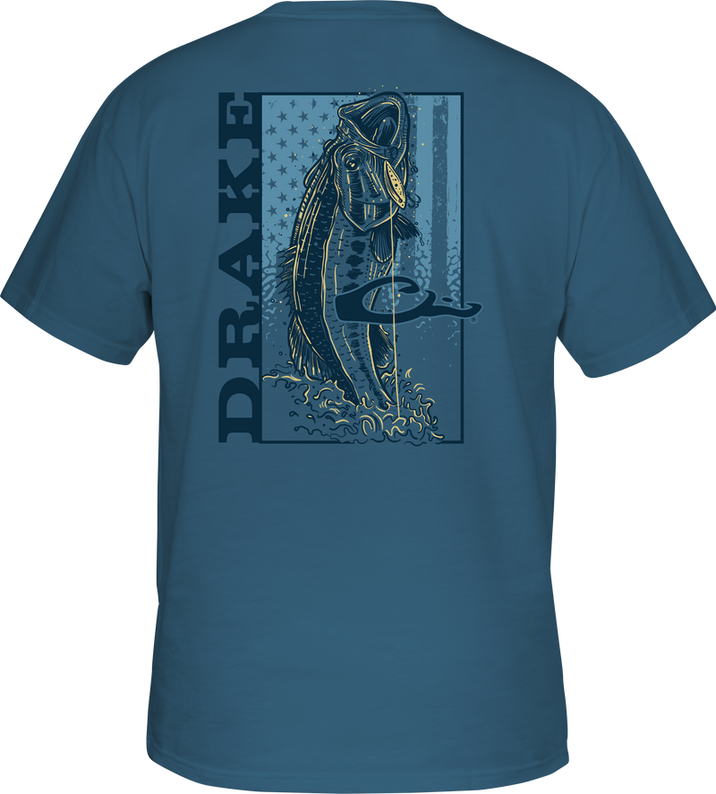 Bass Flag T-Shirt featuring a fish graphic with a fishing hook on the back, crafted from a soft cotton-polyester blend for comfort.