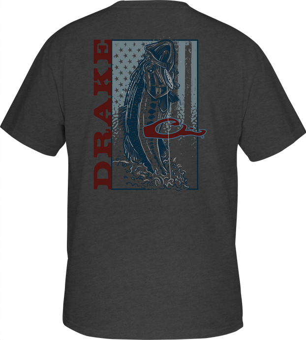 Bass Flag T-Shirt features a fish graphic overlaying an American flag on the back, ideal for waterfowl hunting enthusiasts seeking comfort and style.