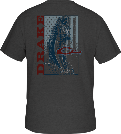 Bass Flag T-Shirt features a fish graphic overlaying an American flag on the back, ideal for waterfowl hunting enthusiasts seeking comfort and style.