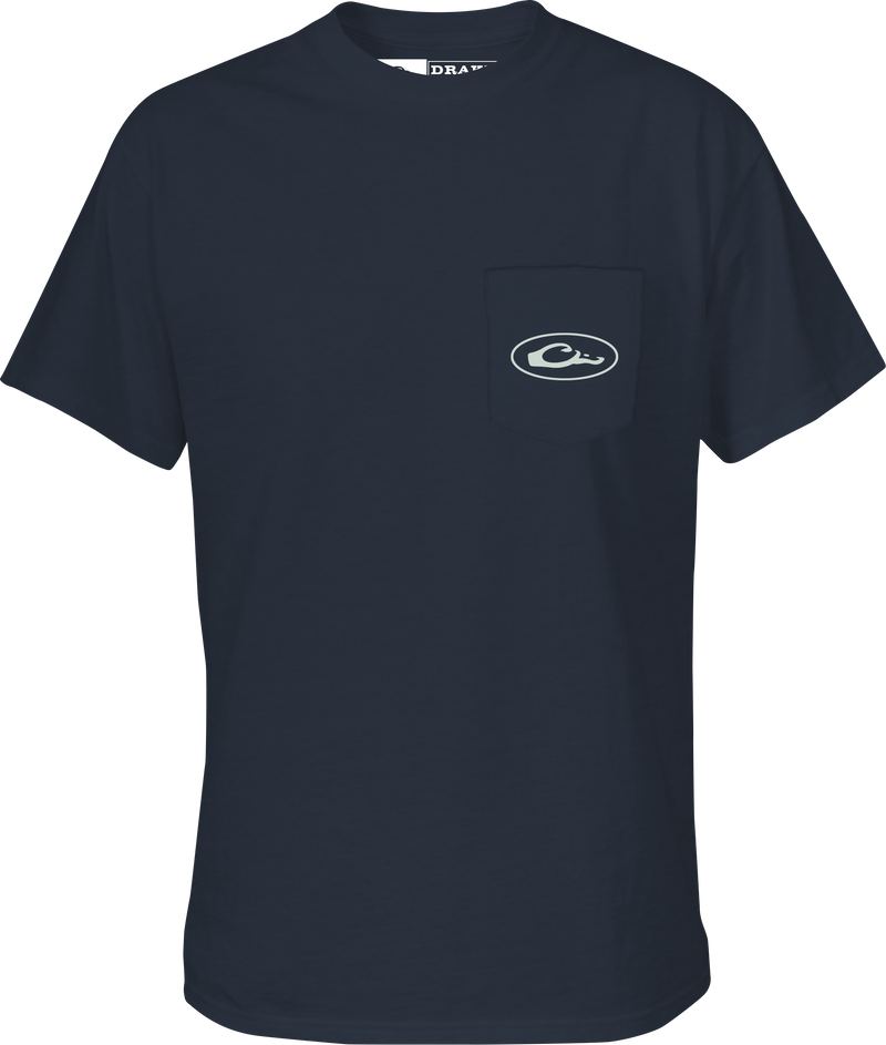 Duck Flag T-Shirt featuring a Drake logo on the front pocket, crafted from a soft cotton-polyester blend, ideal for casual wear.