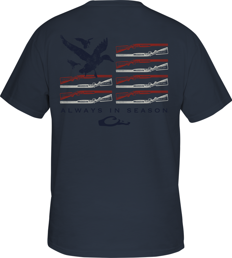 Duck Flag T-Shirt featuring an abstract duck and rifles design on the back, crafted from a soft cotton-polyester blend with Drake logo on the front pocket.