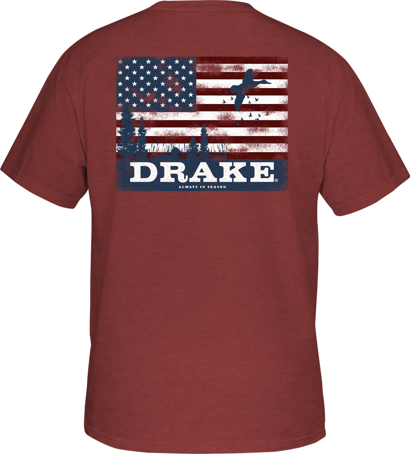 Scenic Flag T-Shirt featuring a Drake logo on the front pocket and abstract Duck Flag design, highlighting Drake Waterfowl's Americana Series.