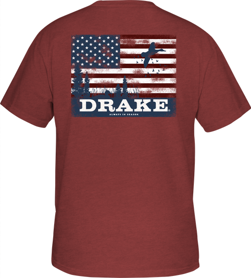 Scenic Flag T-Shirt featuring a Drake logo on the front pocket and abstract Duck Flag design, highlighting Drake Waterfowl's Americana Series.