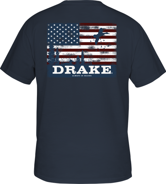 Scenic Flag T-Shirt featuring a flag design with a duck on the back, made of a soft cotton-polyester blend, ideal for casual wear.