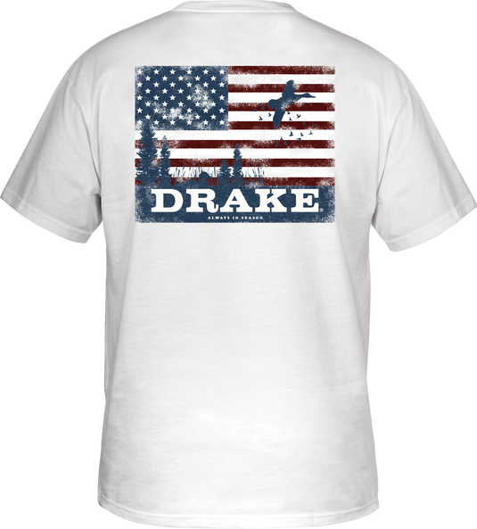 Scenic Flag T-Shirt featuring a Duck Flag graphic from Drake Waterfowl's Americana Series, crafted with a Drake logo pocket on the front.