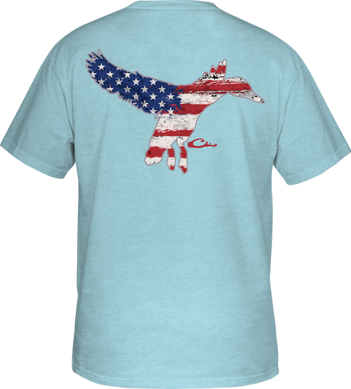 Flying Duck Flag T-Shirt featuring a fox with an American flag design on the back, part of Drake Waterfowl's Americana Series, emphasizing hunting and outdoor apparel.