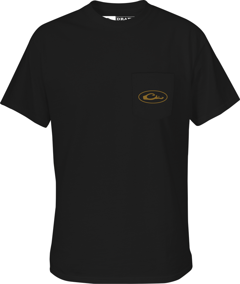 Blackout Lab Flag T-Shirt featuring a front pocket with a Drake logo and a graphic of a Black Lab over an American Flag.