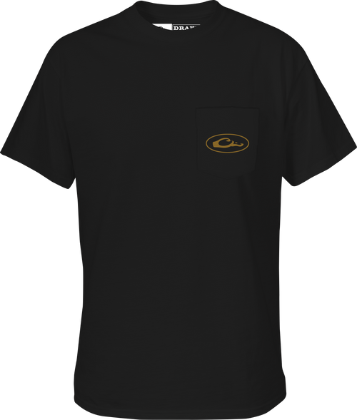 Blackout Lab Flag T-Shirt featuring a front pocket with a Drake logo and a graphic of a Black Lab over an American Flag.