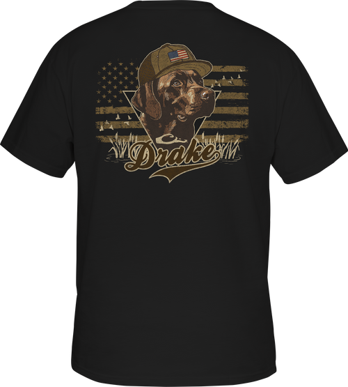 Blackout Lab Flag T-Shirt featuring a Black Lab over an American flag design, with a Drake logo on the front pocket.