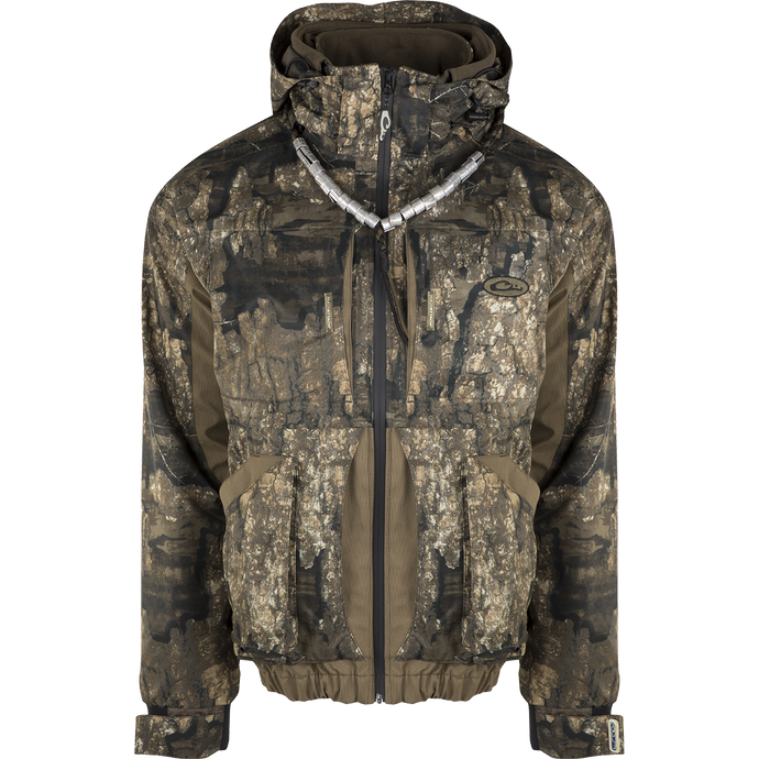 Camouflage LST Refuge 3-in-1 Jacket with YKK zippers, versatile for hunting, featuring multiple pockets and a zip-in liner for flexibility.