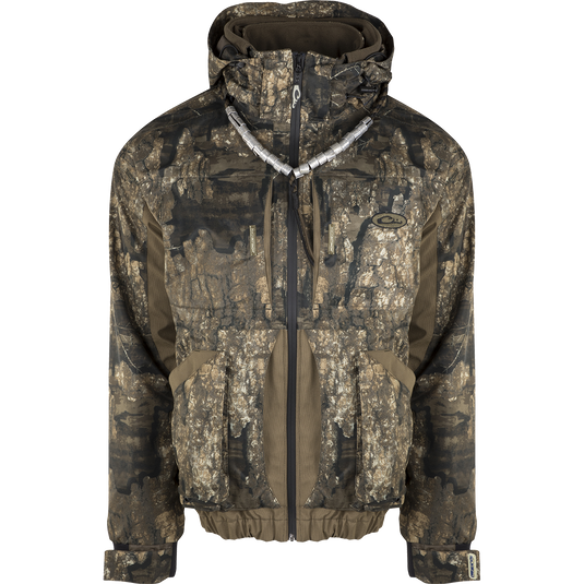 Camouflage LST Refuge 3-in-1 Jacket with YKK zippers, versatile for hunting, featuring multiple pockets and a zip-in liner for flexibility.