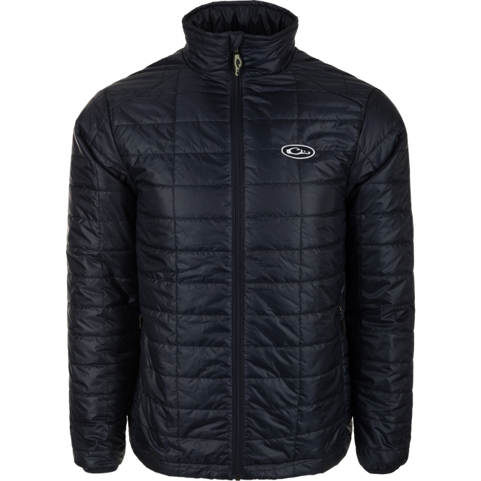 MST Synthetic Down Pac Jacket with white logo, featuring a hood, zippered chest pocket, and packable design for versatile warmth.