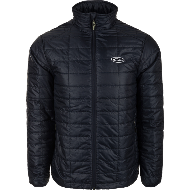 MST Synthetic Down Pac Jacket with white logo, featuring a hood, zippered chest pocket, and packable design for versatile warmth.