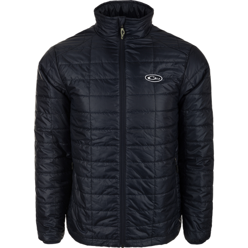 MST Synthetic Down Pac Jacket with white logo, featuring a hood, zippered chest pocket, and packable design for versatile warmth.