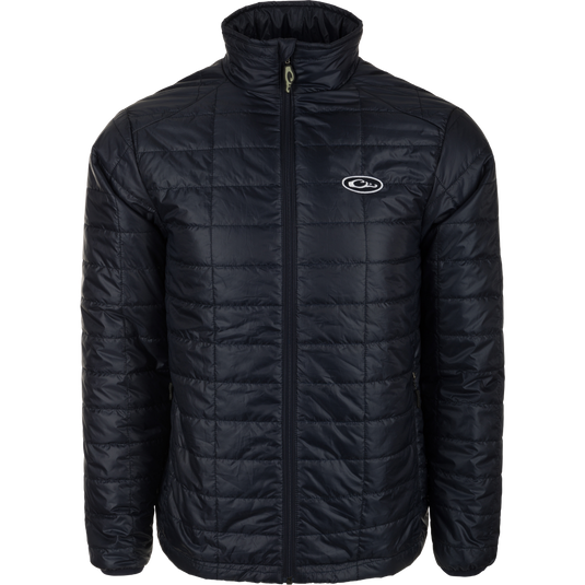 MST Synthetic Down Pac Jacket with white logo, featuring a hood, zippered chest pocket, and packable design for versatile warmth.