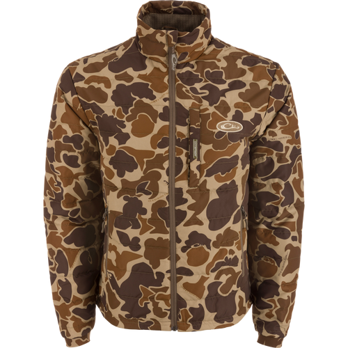 MST Synthetic Down Pack Jacket with camouflage pattern, featuring a horizontal baffle design, reinforced elbow patches, and zippered chest and slash pockets.