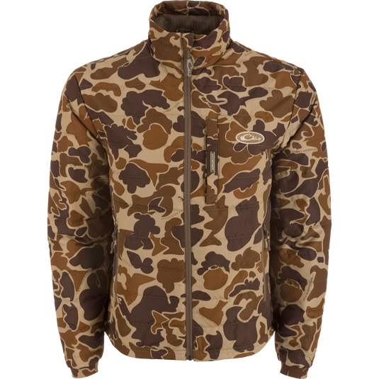 MST Synthetic Down Pack Jacket with camouflage pattern, featuring a horizontal baffle design, reinforced elbow patches, and zippered chest and slash pockets.