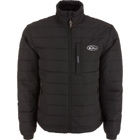 MST Synthetic Down Pack Jacket, featuring a white logo, horizontal baffle design, zippered chest pocket, and adjustable waist.