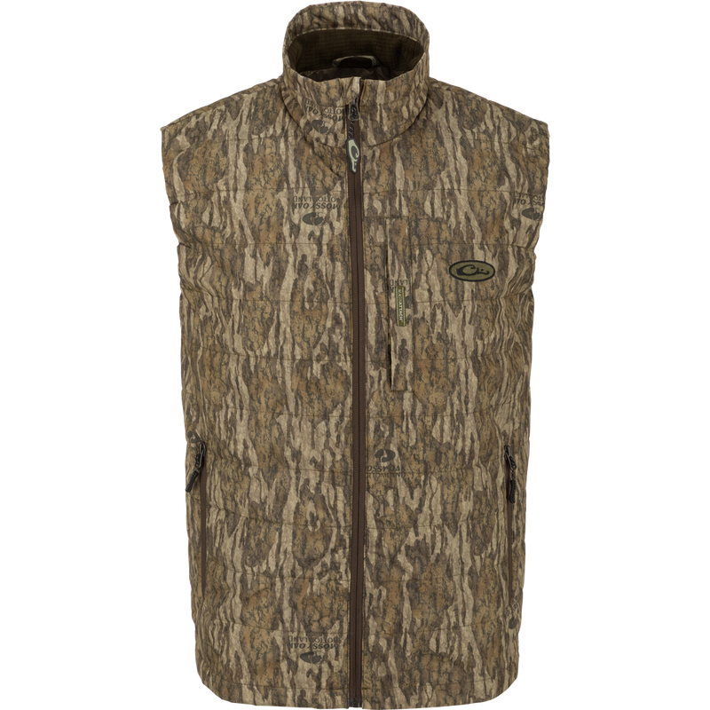 MST Synthetic Down Pack Vest with zipper, horizontal baffle design, adjustable waist, and packable into its own chest pocket. Ideal for versatile outdoor use.