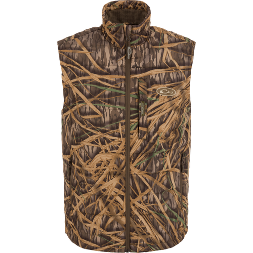 MST Synthetic Down Pack Vest with camouflage pattern, featuring a zipper, packable design, horizontal baffle, and drawcord adjustable waist for versatile use.