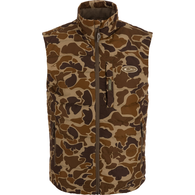 Camouflage MST Synthetic Down Pack Vest with horizontal baffle design, zippered pockets, and drawcord adjustable waist; packable into its own chest pocket.