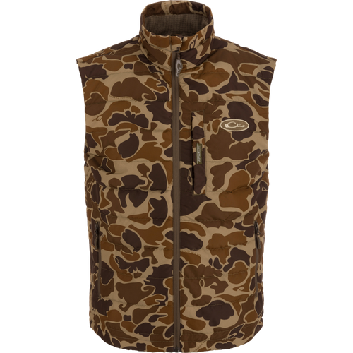 Camouflage MST Synthetic Down Pack Vest with horizontal baffle design, zippered pockets, and drawcord adjustable waist; packable into its own chest pocket.