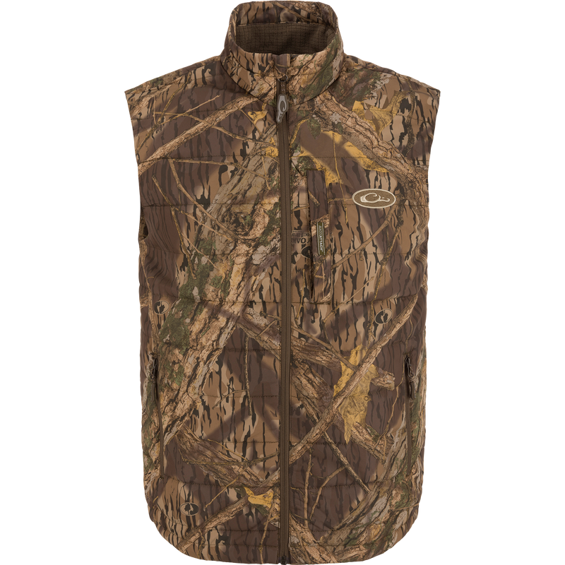 MST Synthetic Down Pack Vest with camouflage pattern, zipper, and drawcord adjustable waist, featuring lightweight, packable design for versatile outdoor use.