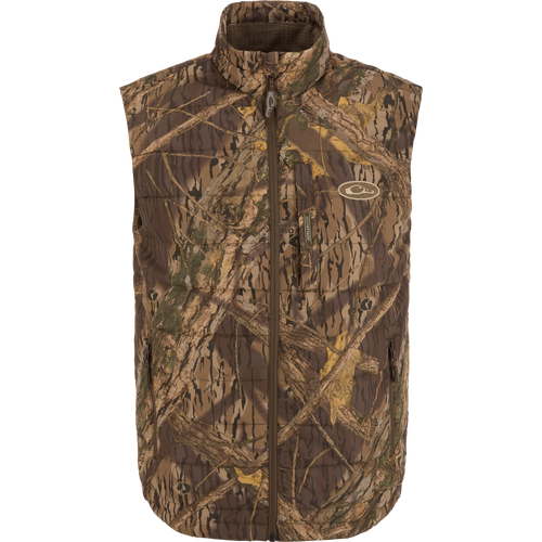 MST Synthetic Down Pack Vest with camouflage pattern, zipper, and drawcord adjustable waist, featuring lightweight, packable design for versatile outdoor use.