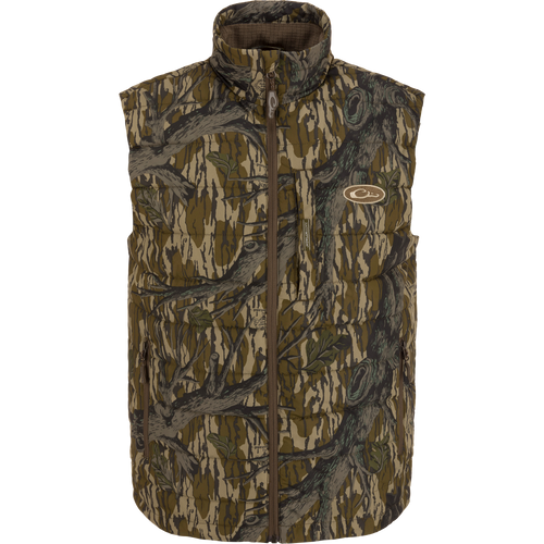 Camouflage MST Synthetic Down Pack Vest with logo, featuring a lightweight, packable design, durable shell material, and adjustable waist, ideal for versatile hunting and outdoor use.