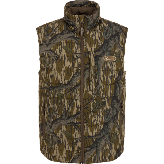 Camouflage MST Synthetic Down Pack Vest with logo, featuring a lightweight, packable design, durable shell material, and adjustable waist, ideal for versatile hunting and outdoor use.