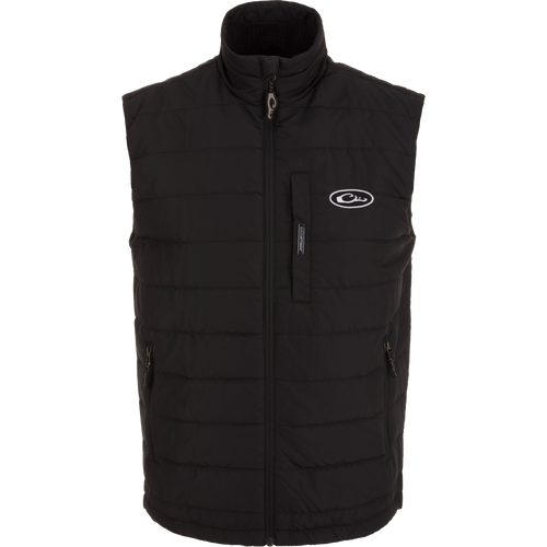 MST Synthetic Down Pack Vest with white logo, featuring durable shell, adjustable waist, and zippered pockets, ideal for versatile, lightweight warmth and easy packing.