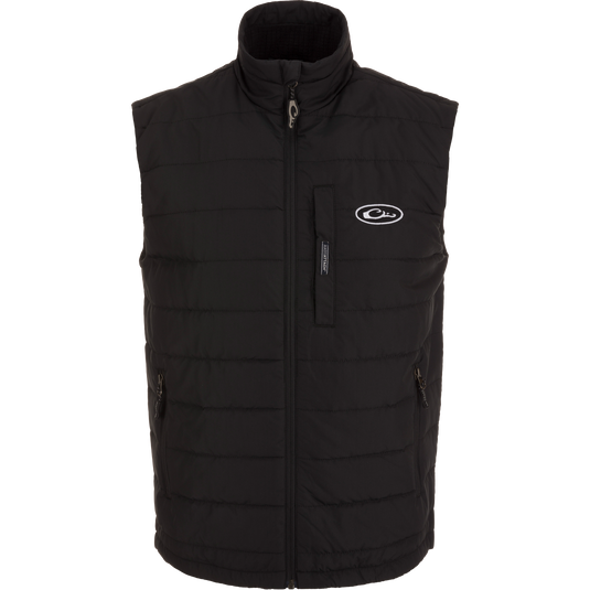 MST Synthetic Down Pack Vest with white logo, featuring durable shell, adjustable waist, and zippered pockets, ideal for versatile, lightweight warmth and easy packing.