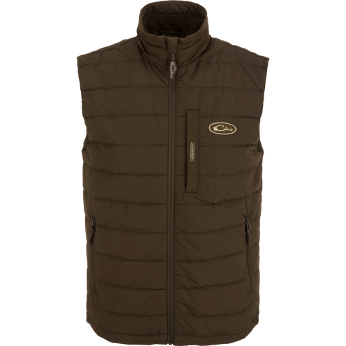 MST Synthetic Down Pack Vest with logo, featuring durable, abrasion-resistant shell, zippered slash pockets, and packable design for versatile use in hunting and outdoor activities.