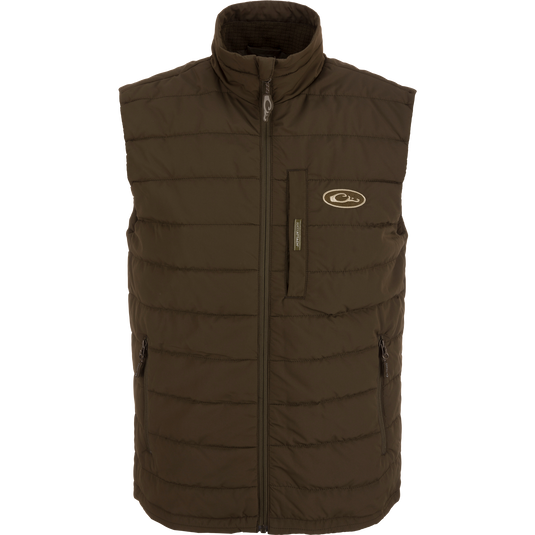 MST Synthetic Down Pack Vest with logo, featuring durable, abrasion-resistant shell, zippered slash pockets, and packable design for versatile use in hunting and outdoor activities.