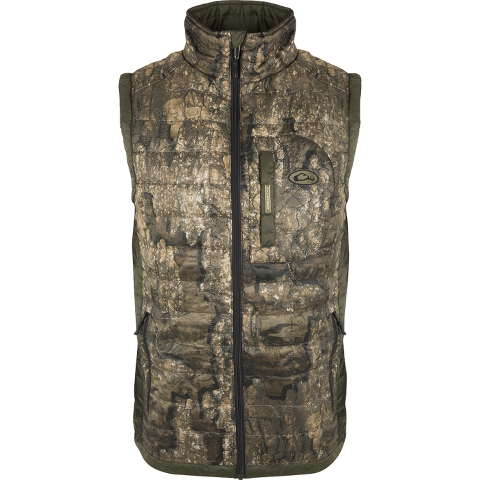 MST Synthetic Down 2-Tone Packable Vest with zipper, demonstrating lightweight, packable design and multiple pockets for versatile hunting and outdoor use.