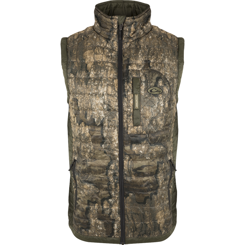 MST Synthetic Down 2-Tone Packable Vest with zipper, demonstrating lightweight, packable design and multiple pockets for versatile hunting and outdoor use.