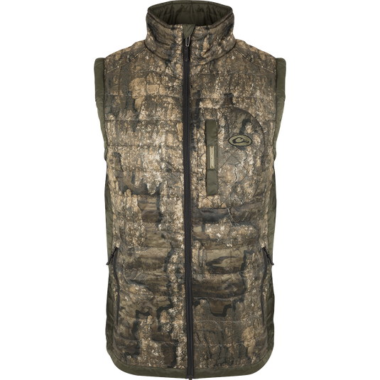 MST Synthetic Down 2-Tone Packable Vest with zipper, demonstrating lightweight, packable design and multiple pockets for versatile hunting and outdoor use.