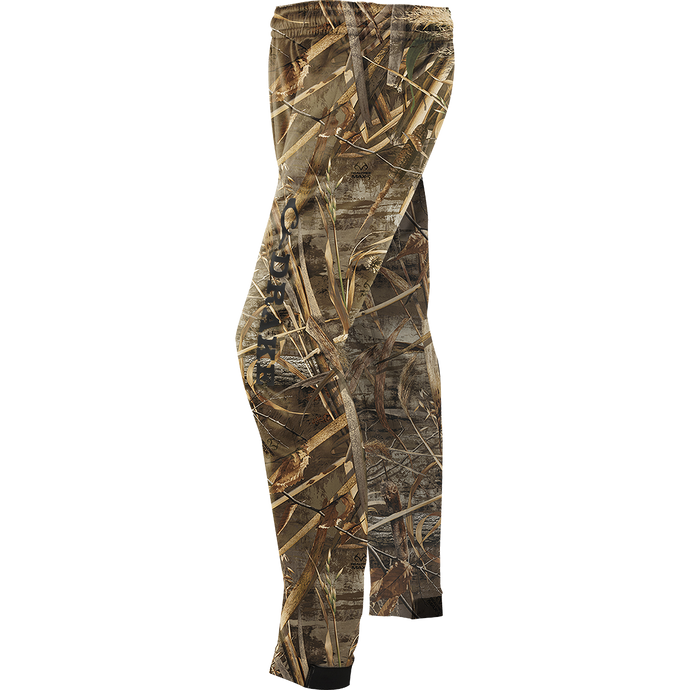 Fleece Wader Pant with camouflage pattern, featuring front handwarmer pockets, elastic waist, and snug fit tapered ankles, made from 100% polyester fleece for warmth and comfort.