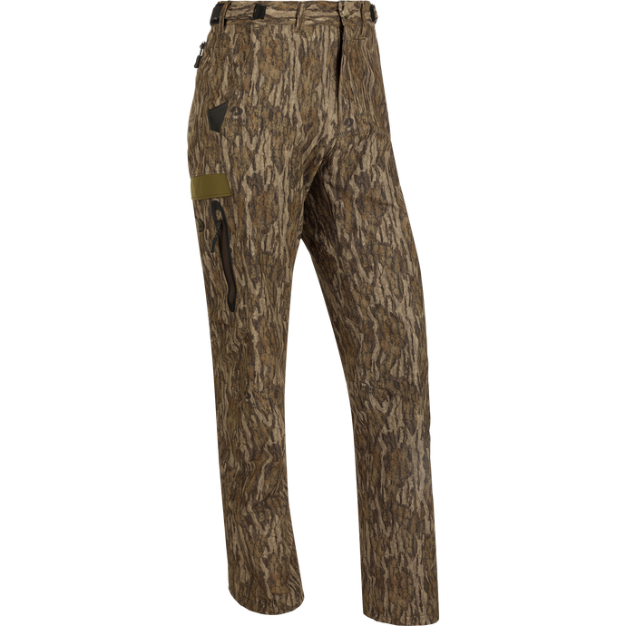 Women's EST Camo Stretch Tech Pants - Lightweight, breathable 100% polyester pants with adjustable waistband, multiple pockets, and elastic ankle cinch cord. Ideal for hunting and outdoor activities.