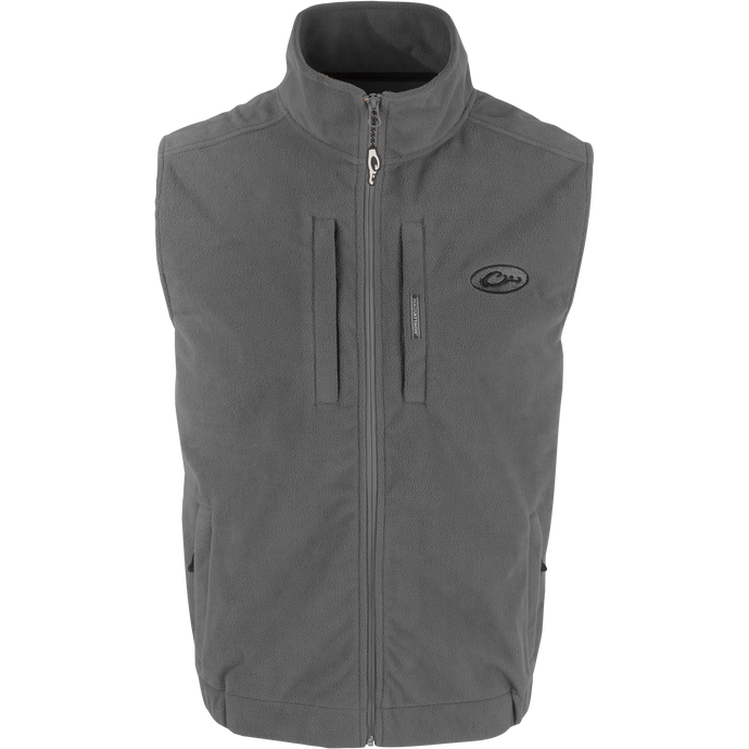 MST Solid Windproof Layering Vest with stand-up collar, vertical zippered chest pockets, and lower hand warmer pockets. Ideal for hunting and outdoor activities.